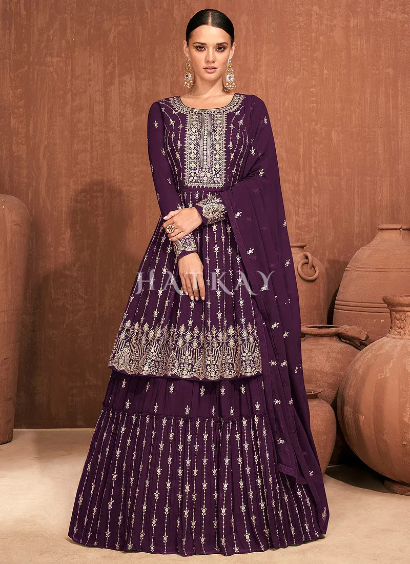 Purple Embroidered Peplum Style Lehenga Suit