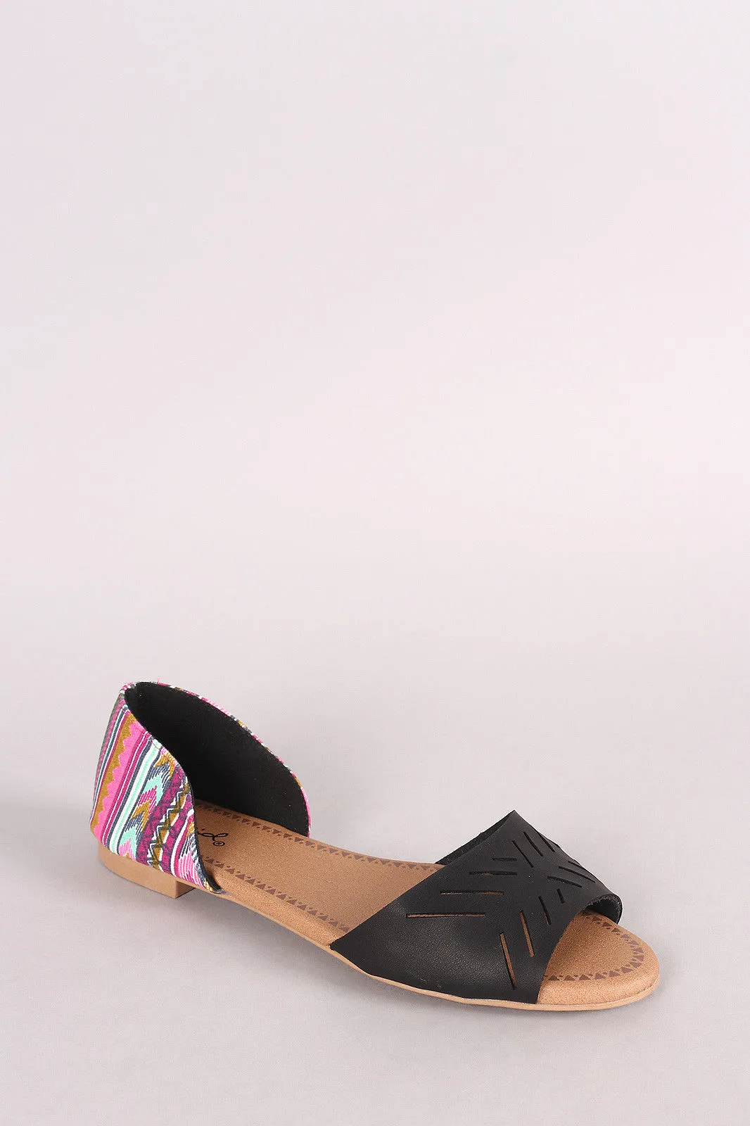 Qupid Geo Cutout Peep Toe Slip On Tribal Dorsay Flat