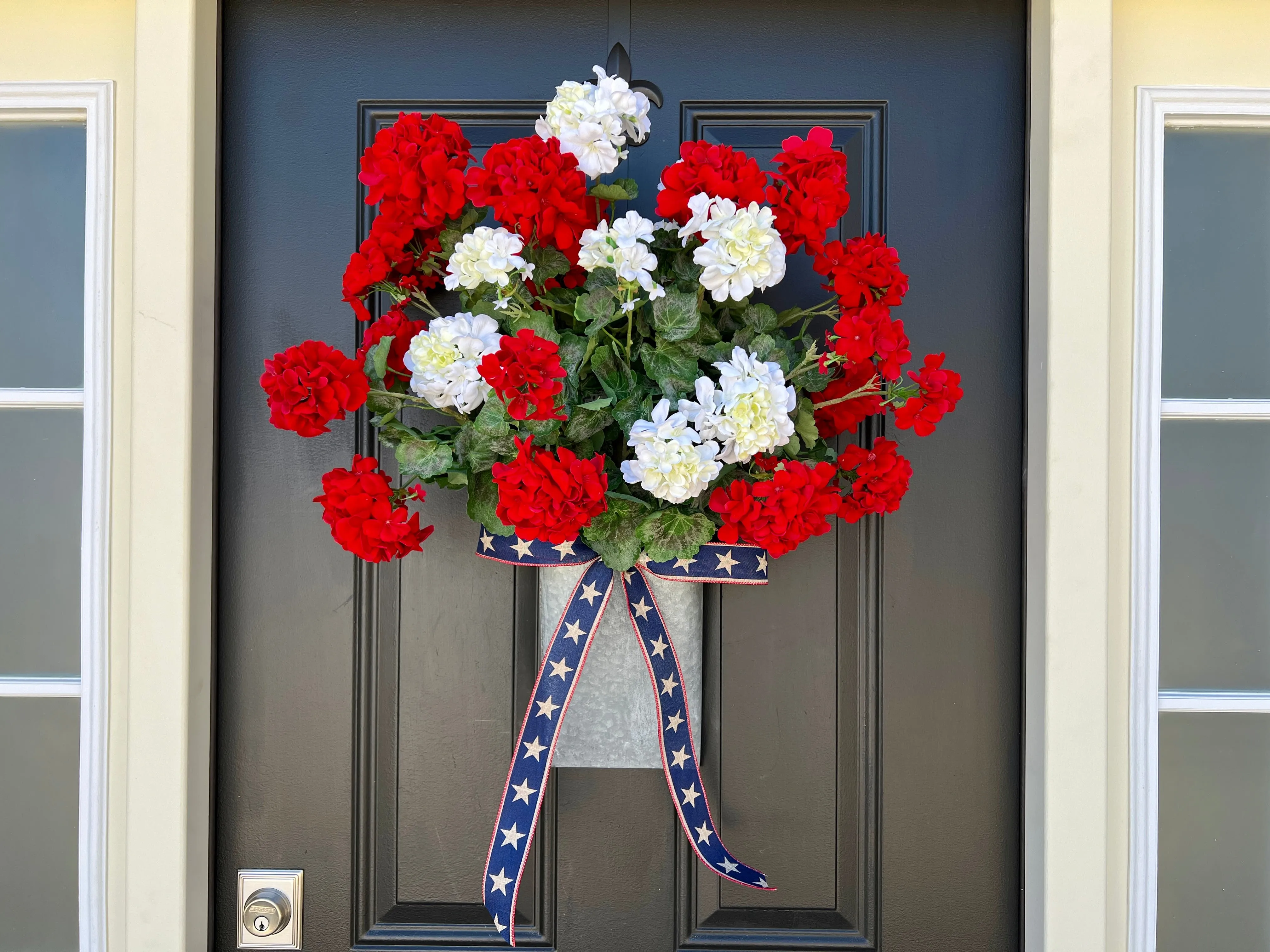 Red and White Geranium Bucket Wreath for Door