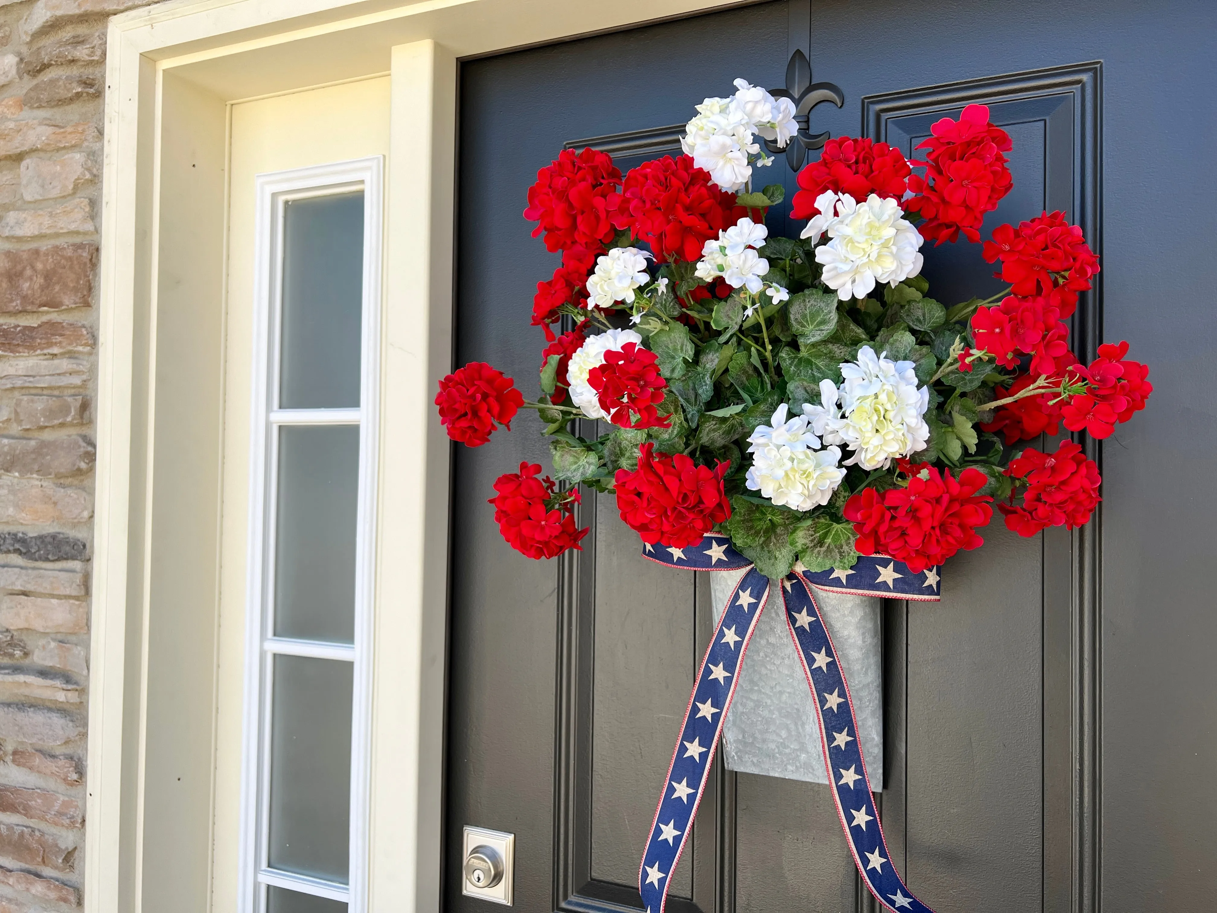 Red and White Geranium Bucket Wreath for Door