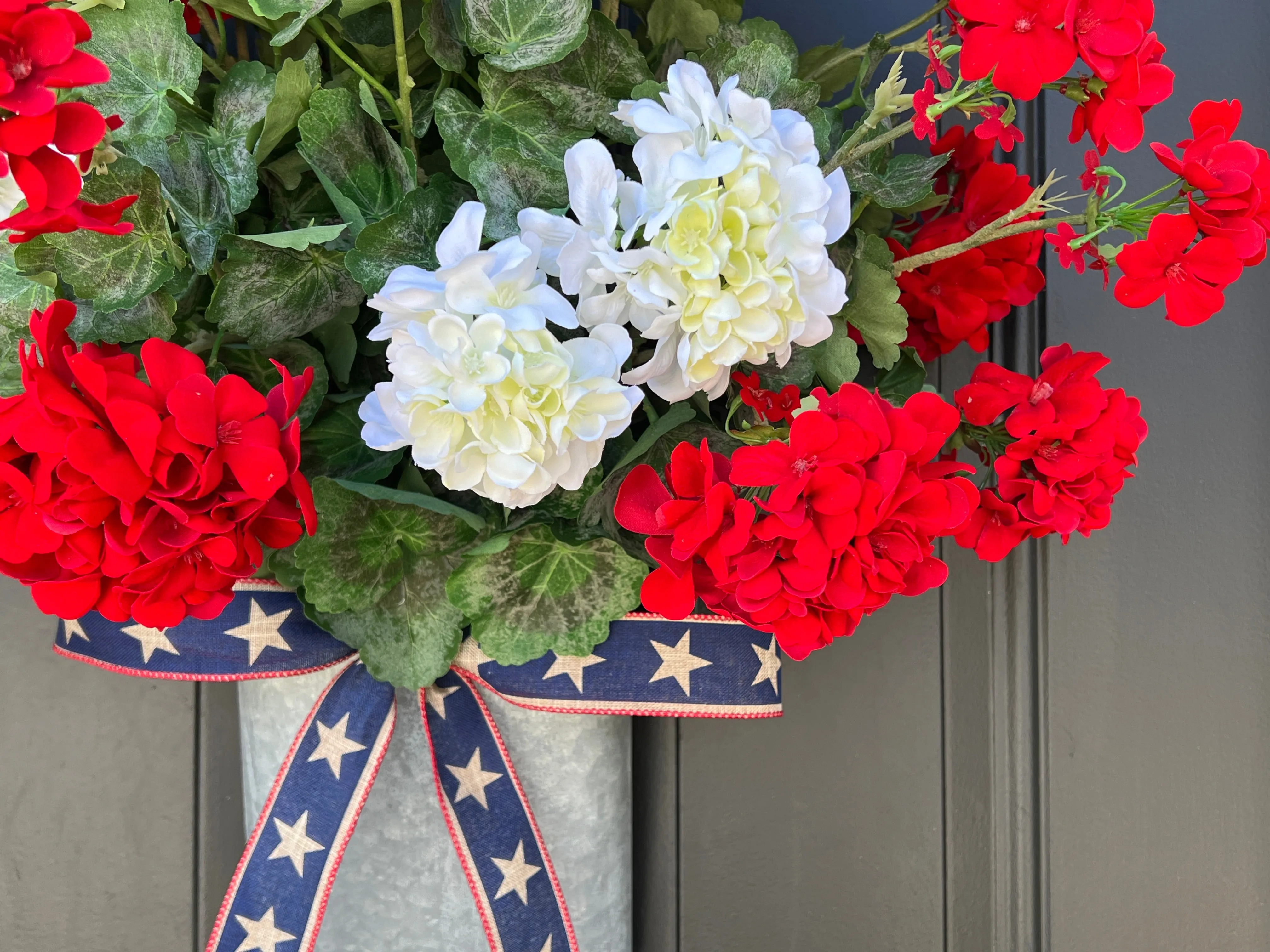 Red and White Geranium Bucket Wreath for Door