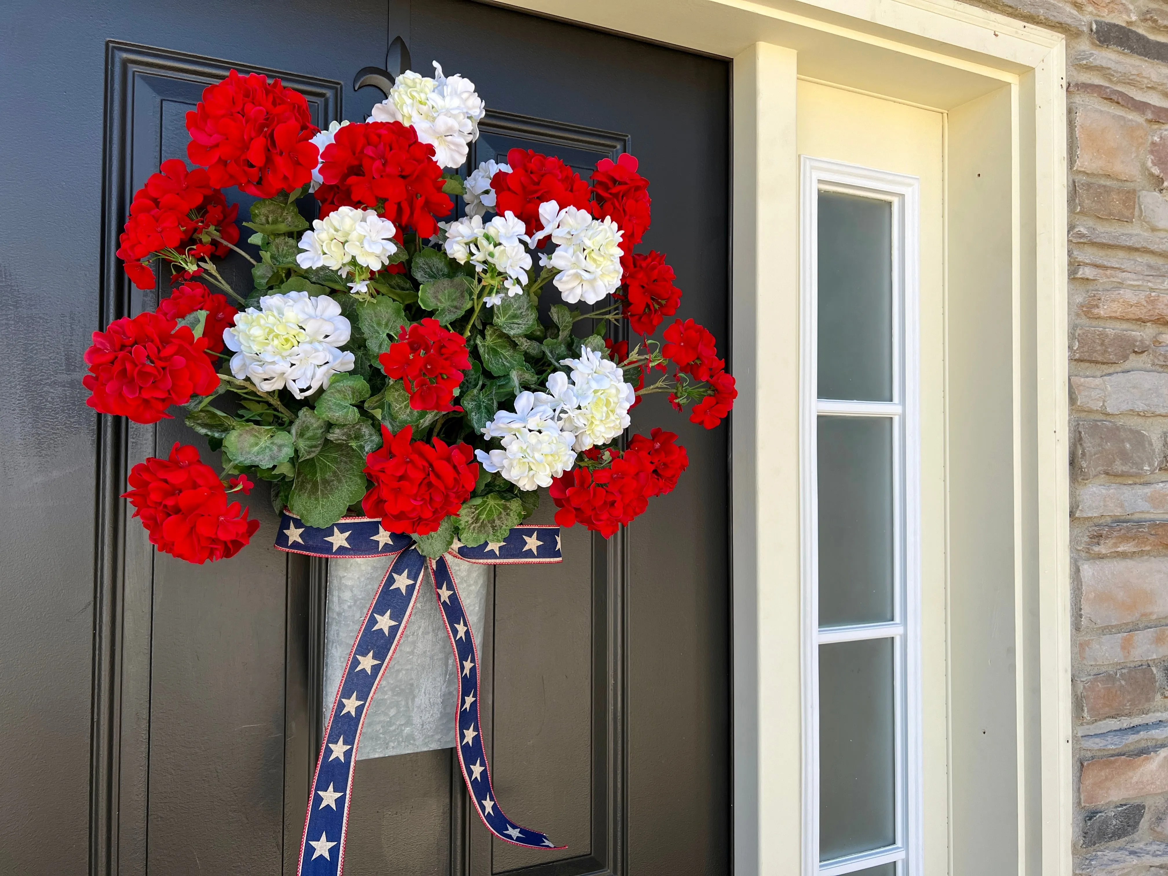 Red and White Geranium Bucket Wreath for Door