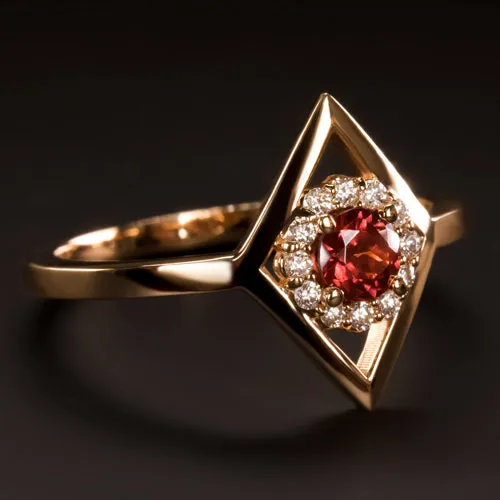 RED TOURMALINE NATURAL DIAMOND HALO ALTERNATIVE ENGAGEMENT RING ROSE GOLD MODERN