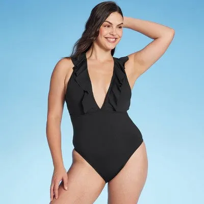 Shade & Shore Deep V Neck Flounce One Piece Swimsuit Crisscross Back Swimwear