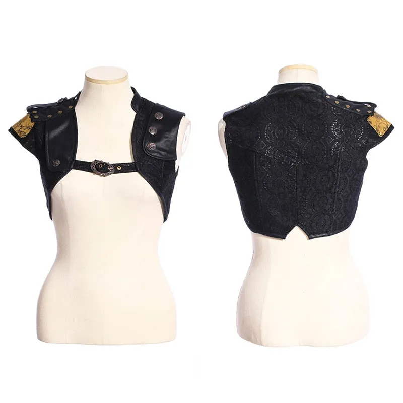 Steampunk Vintage Women Short Vest Punk Black Sleeveless PU Leather Waistcoats Unique Design Handsome Lady Costume Vests