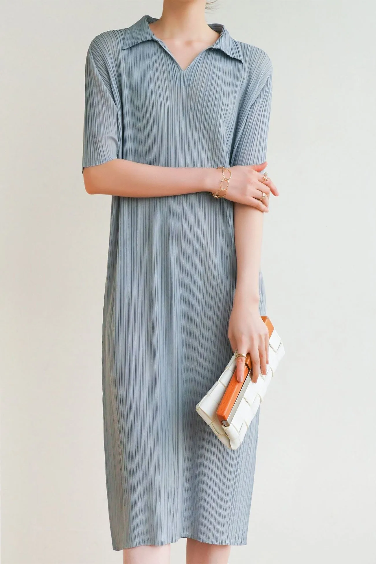 Striped Polo Neck Full Pleated Dress