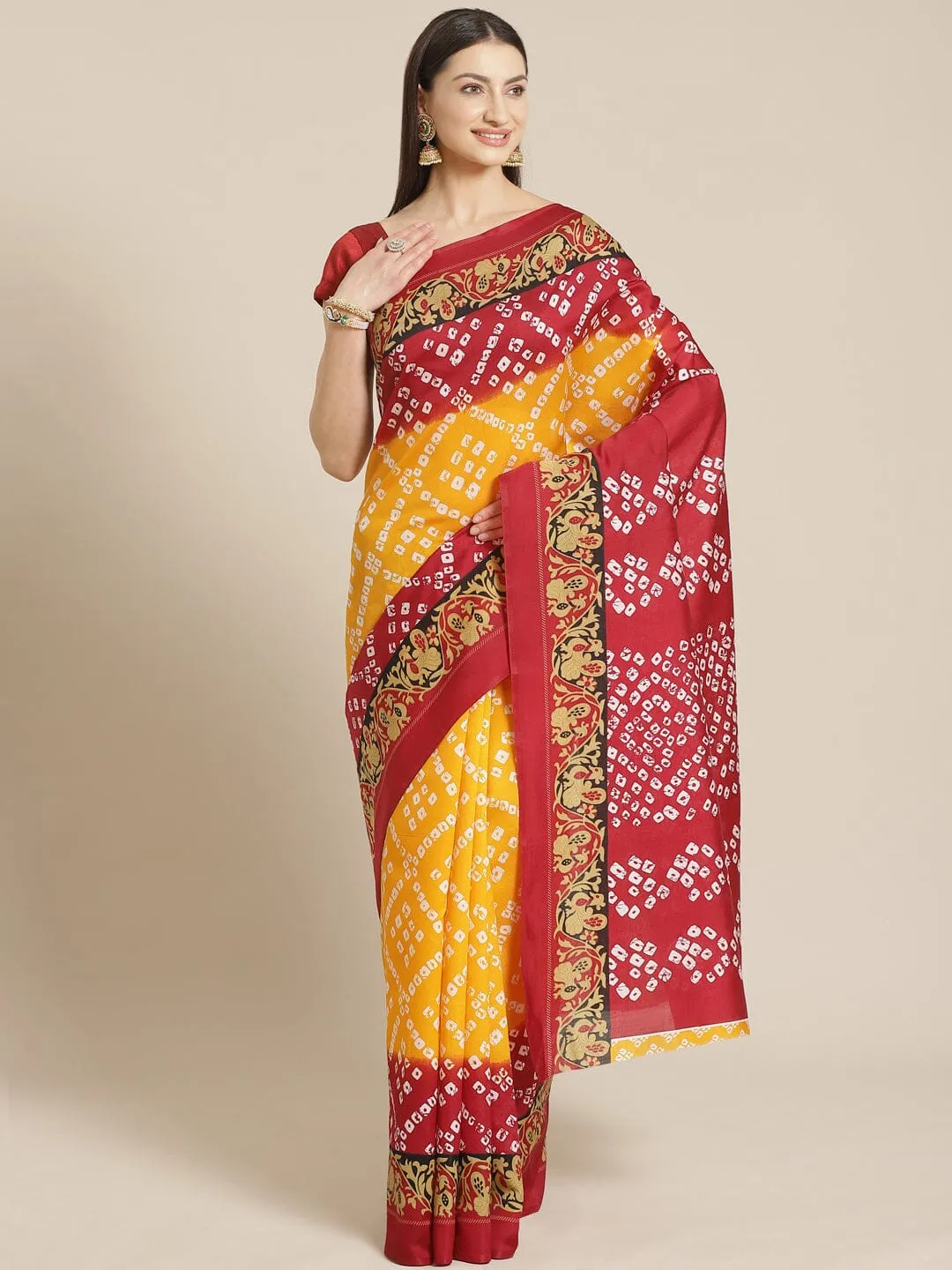 SVB Saree Yellow And Red Bandhani Print Saree