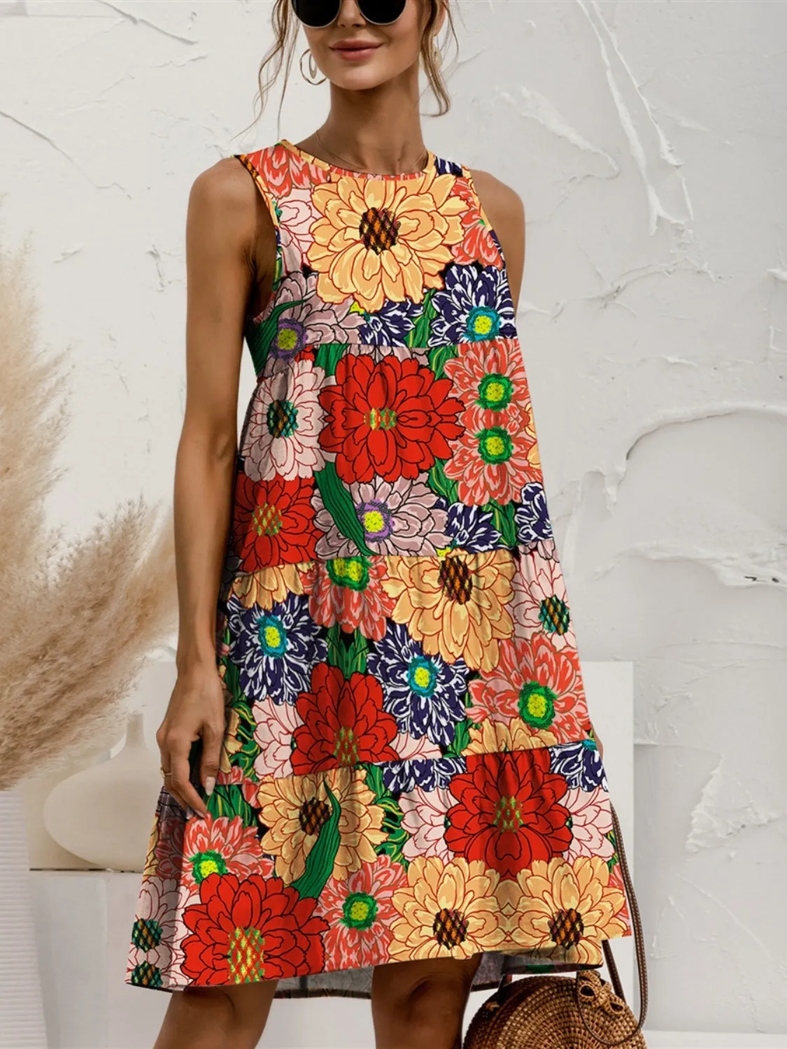 TEEK - Tiered Printed Round Neck Sleeveless Dress