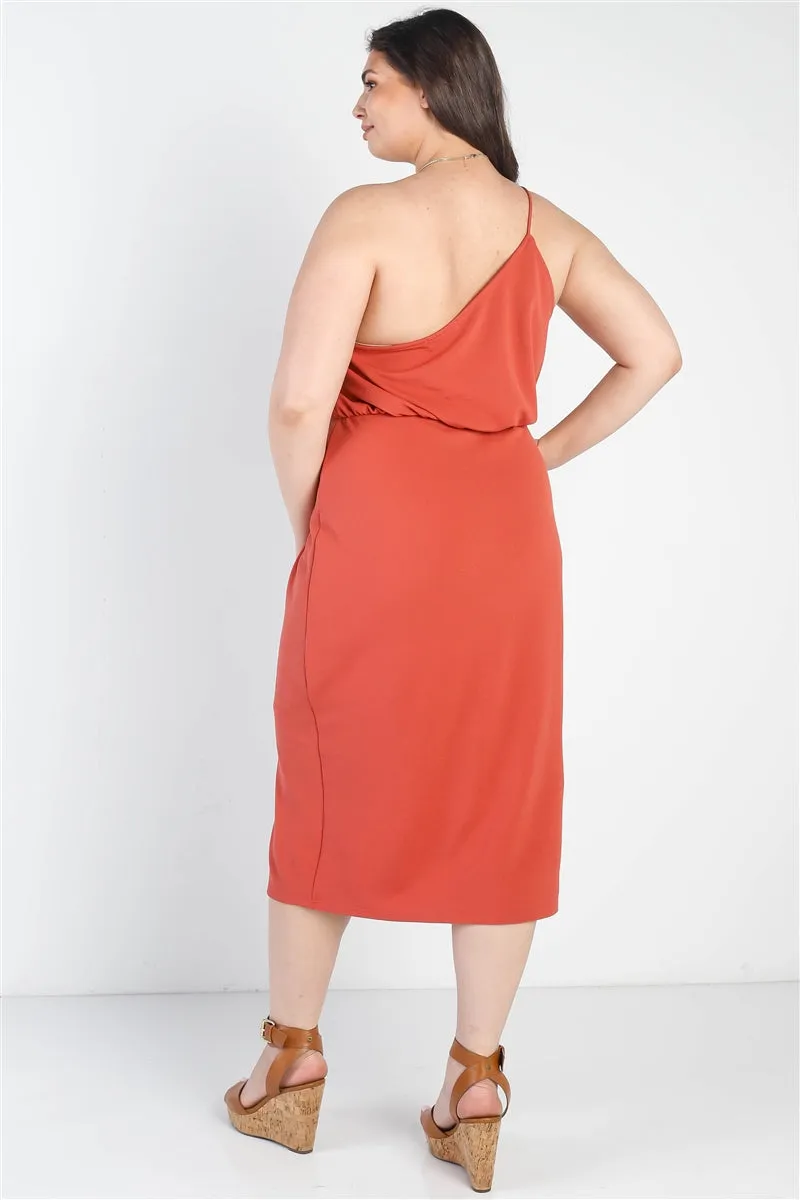 Terracotta Textured One Shoulder Sleeveless Midi Dress