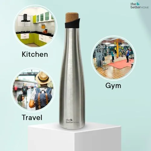 The Better Home Rogue Series Insulated Water Bottle 500ml with Cork Cap (Silver) Water Bottle for Office Stainless Steel Water Bottles for Kids | Hot & Cold Water Bottle | Aesthetic Water Bottle