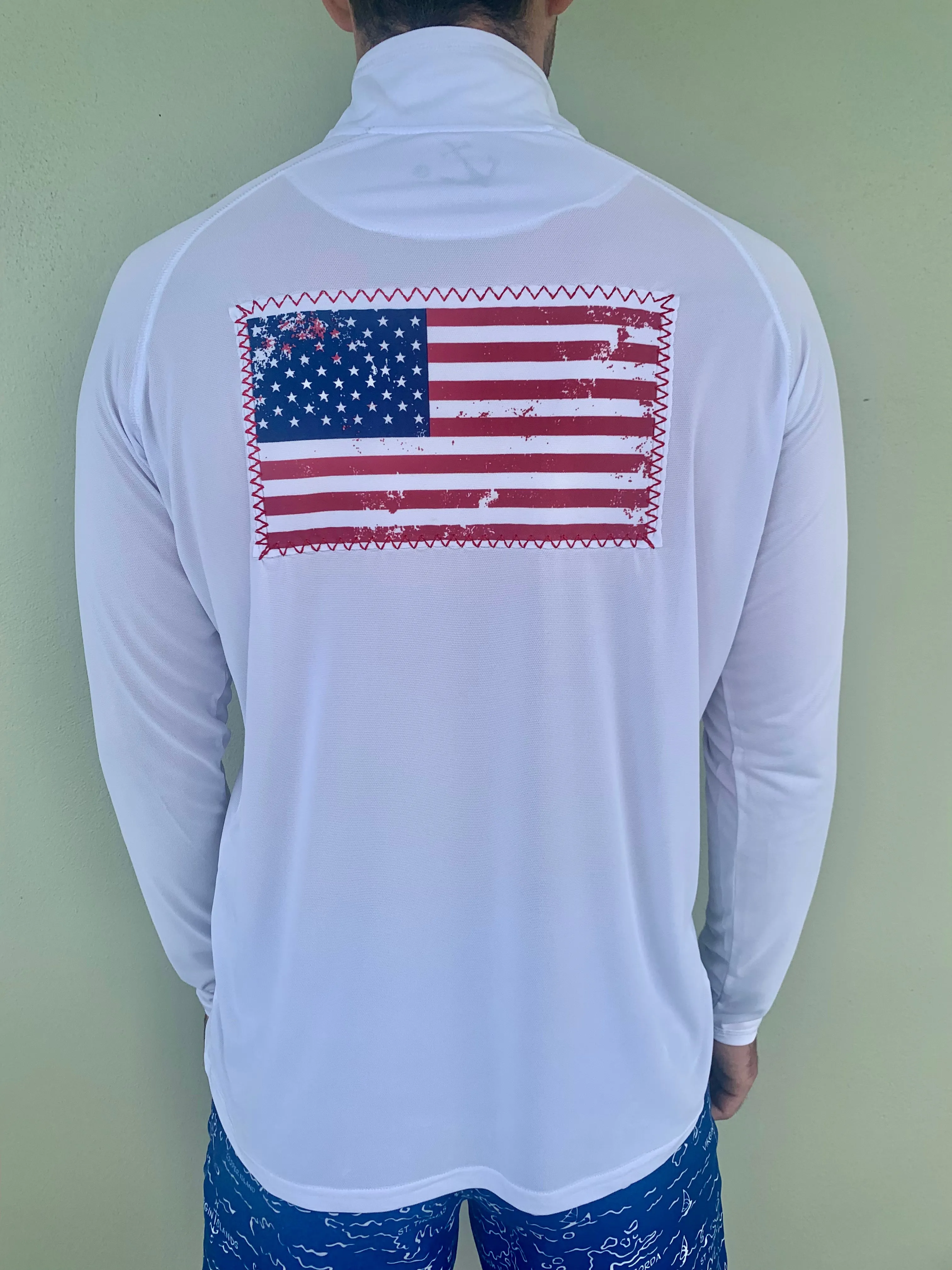 USA Flag UPF50 Zip Tech Shirt - White