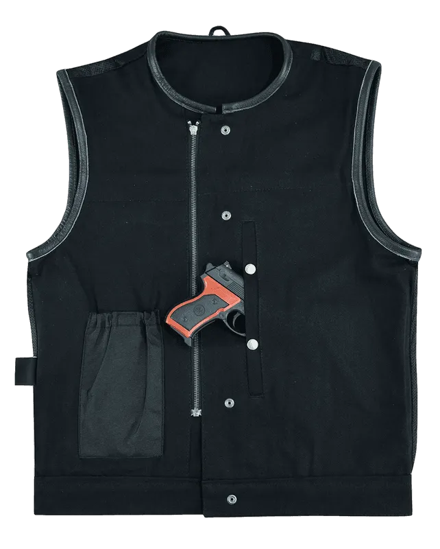 Vance Leathers Denim Black Collarless Club Vest with Leather trims