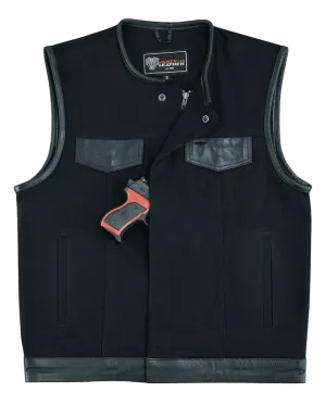 Vance Leathers Denim Black Collarless Club Vest with Leather trims