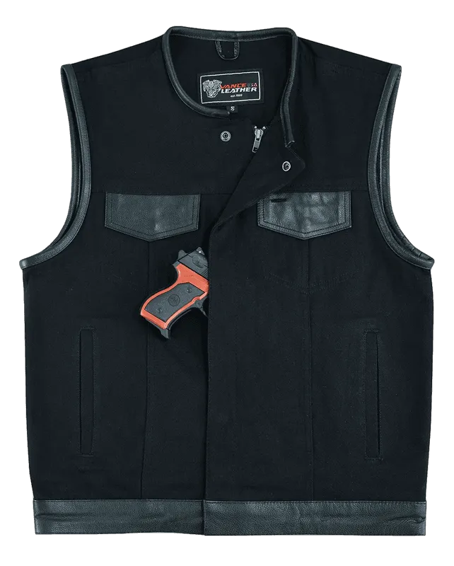 Vance Leathers Denim Black Collarless Club Vest with Leather trims