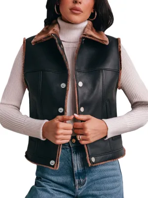 Women's Black Leather Vest With Brown Faux Shearling Collar