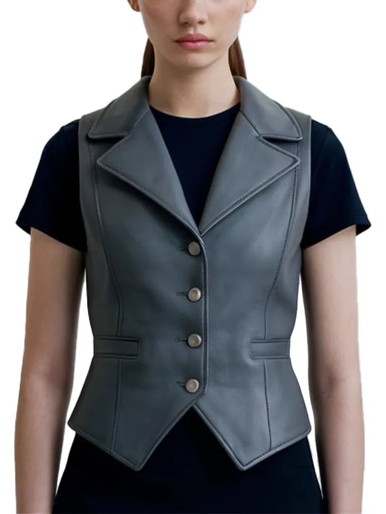 Women's Grey Oasis Leather Vest With Button Closure