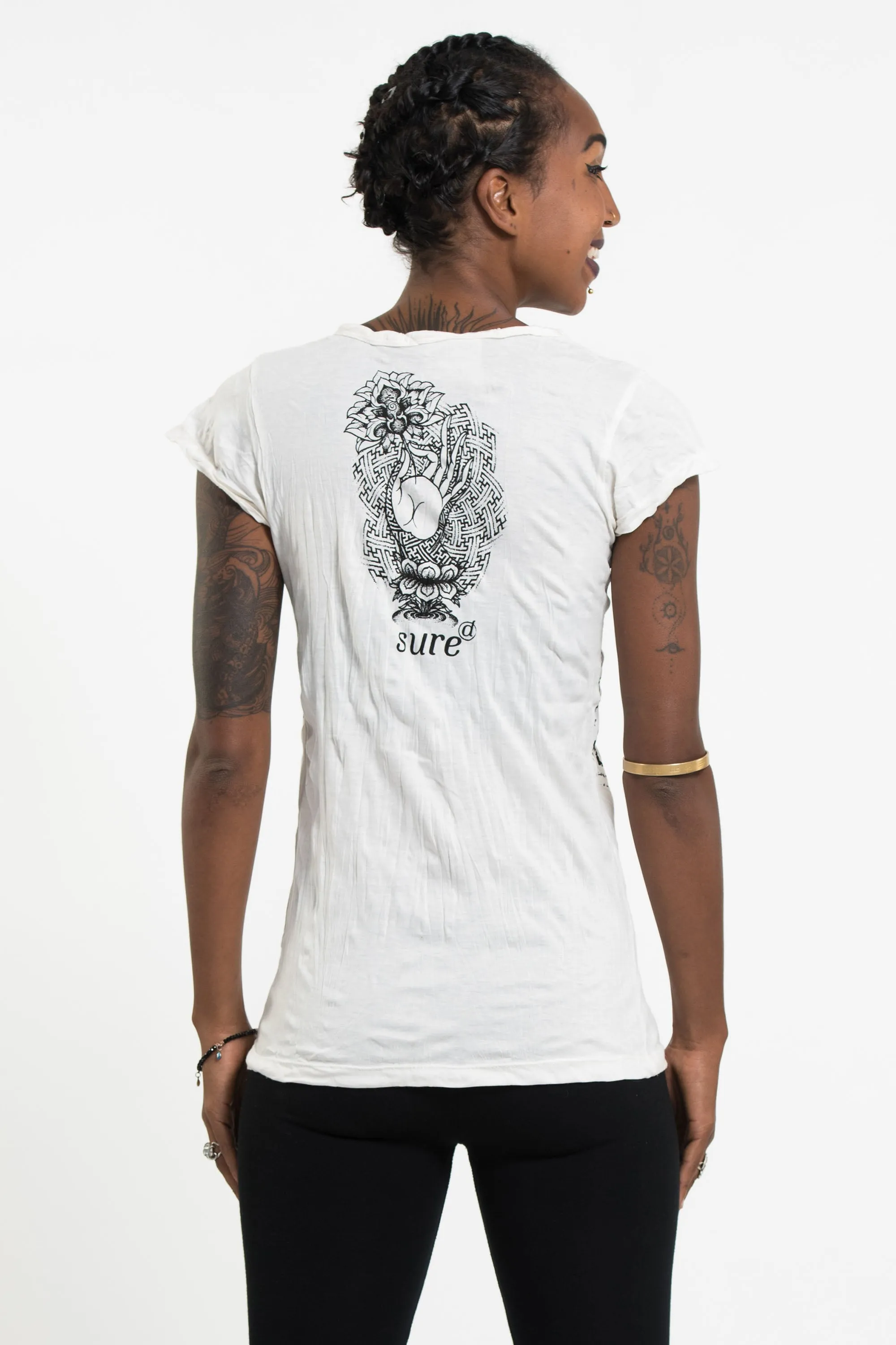 Womens Gyan Mudra Hand T-Shirt in White