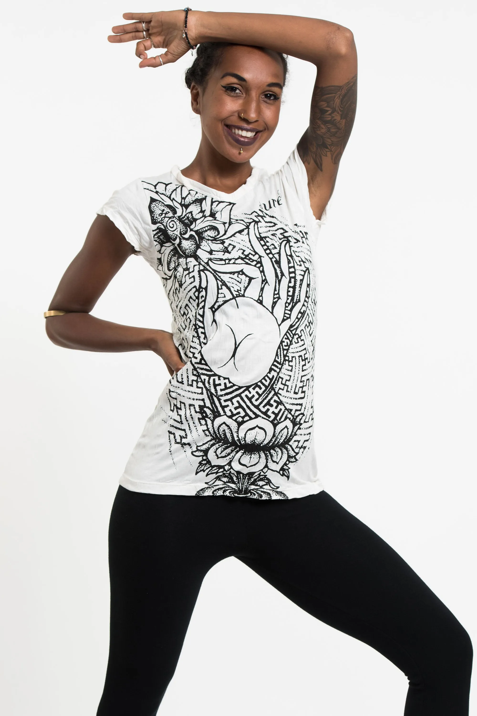 Womens Gyan Mudra Hand T-Shirt in White