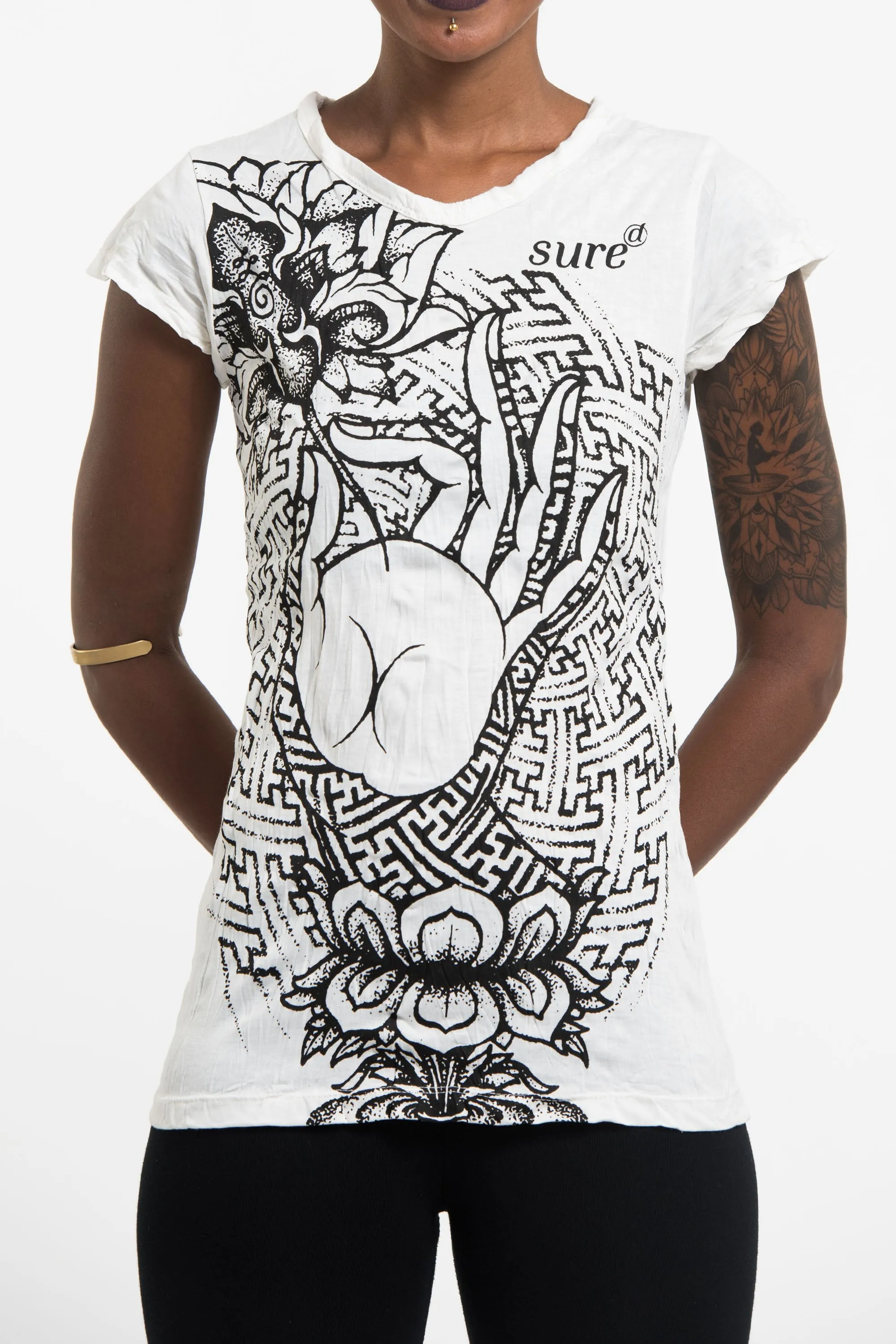 Womens Gyan Mudra Hand T-Shirt in White