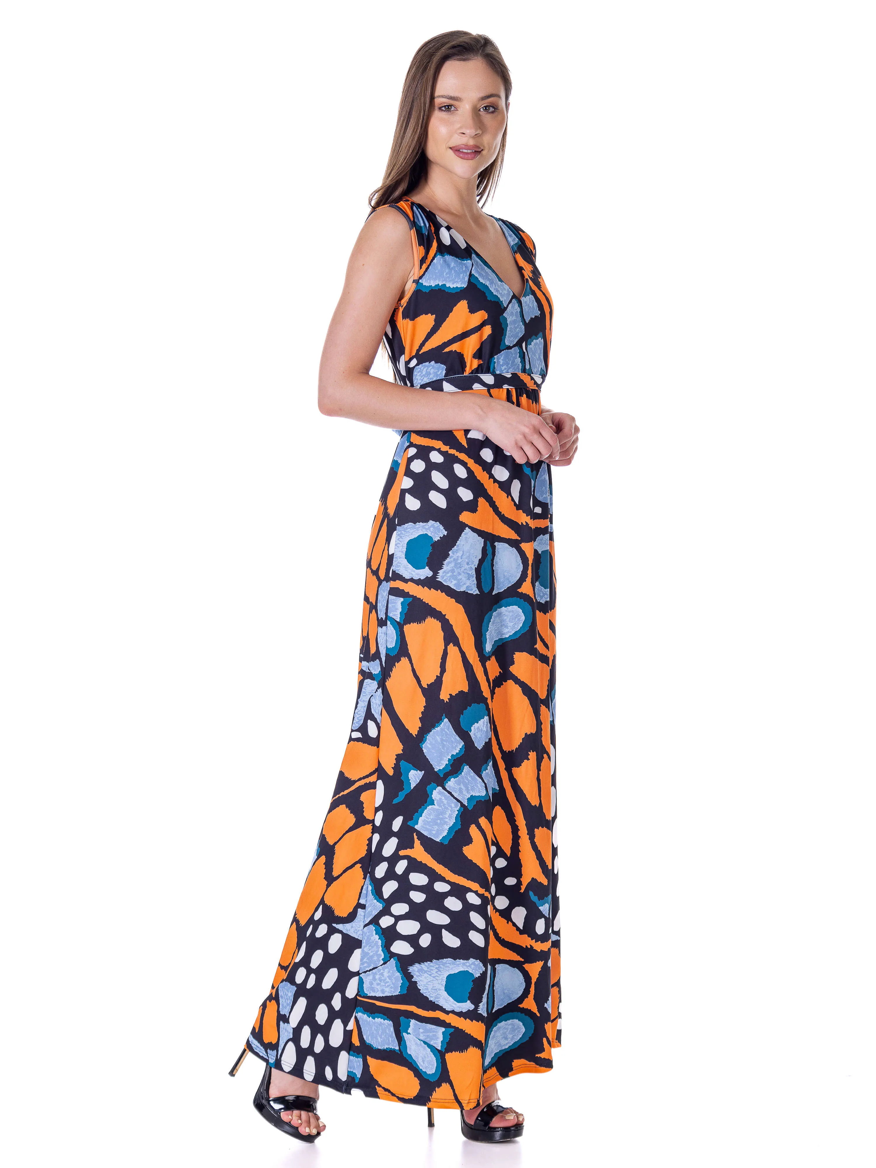 Womens Orange Butterfly Print V Neck Tie Back Empire Waist Sleeveless Maxi Dress