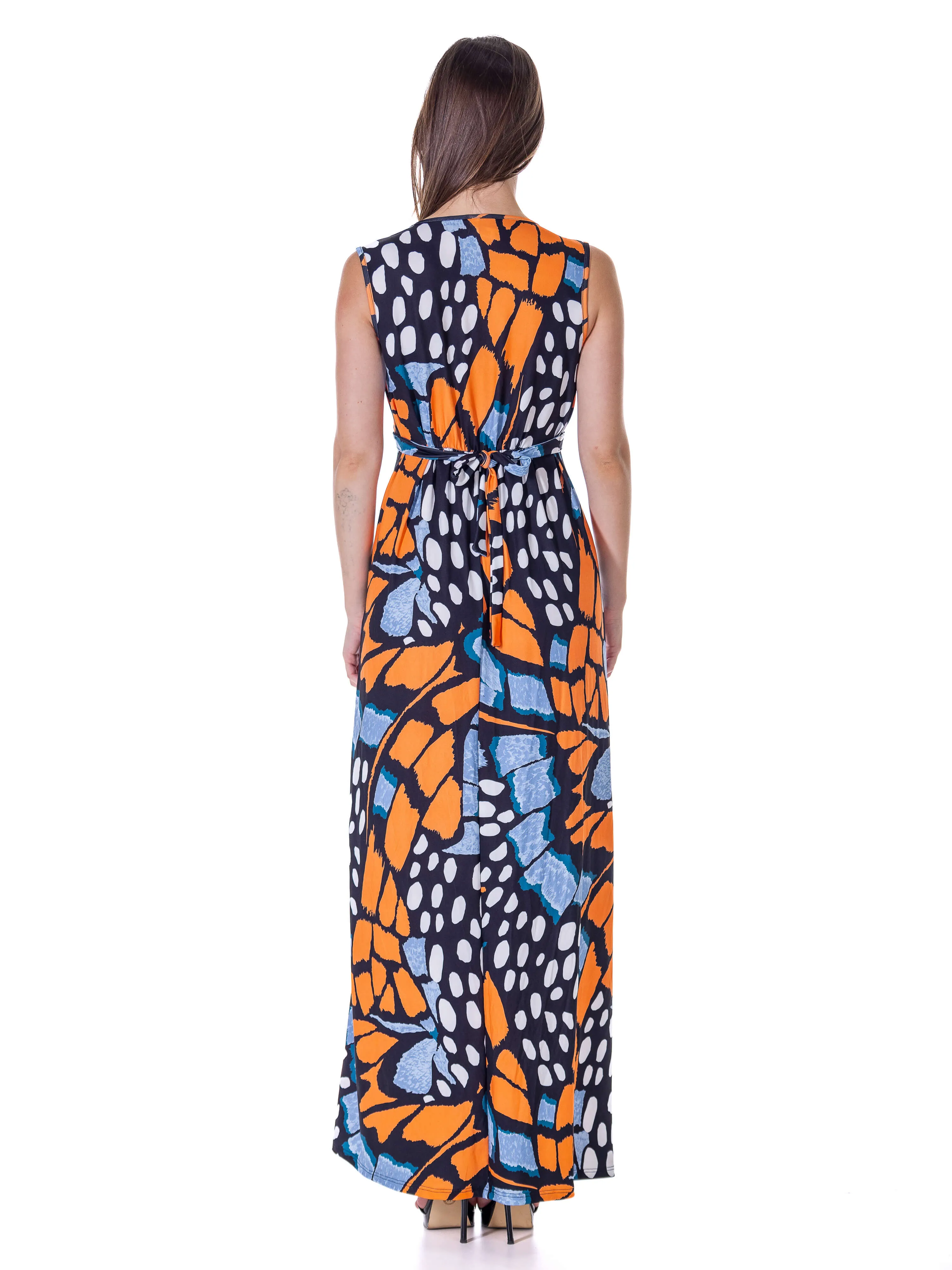 Womens Orange Butterfly Print V Neck Tie Back Empire Waist Sleeveless Maxi Dress