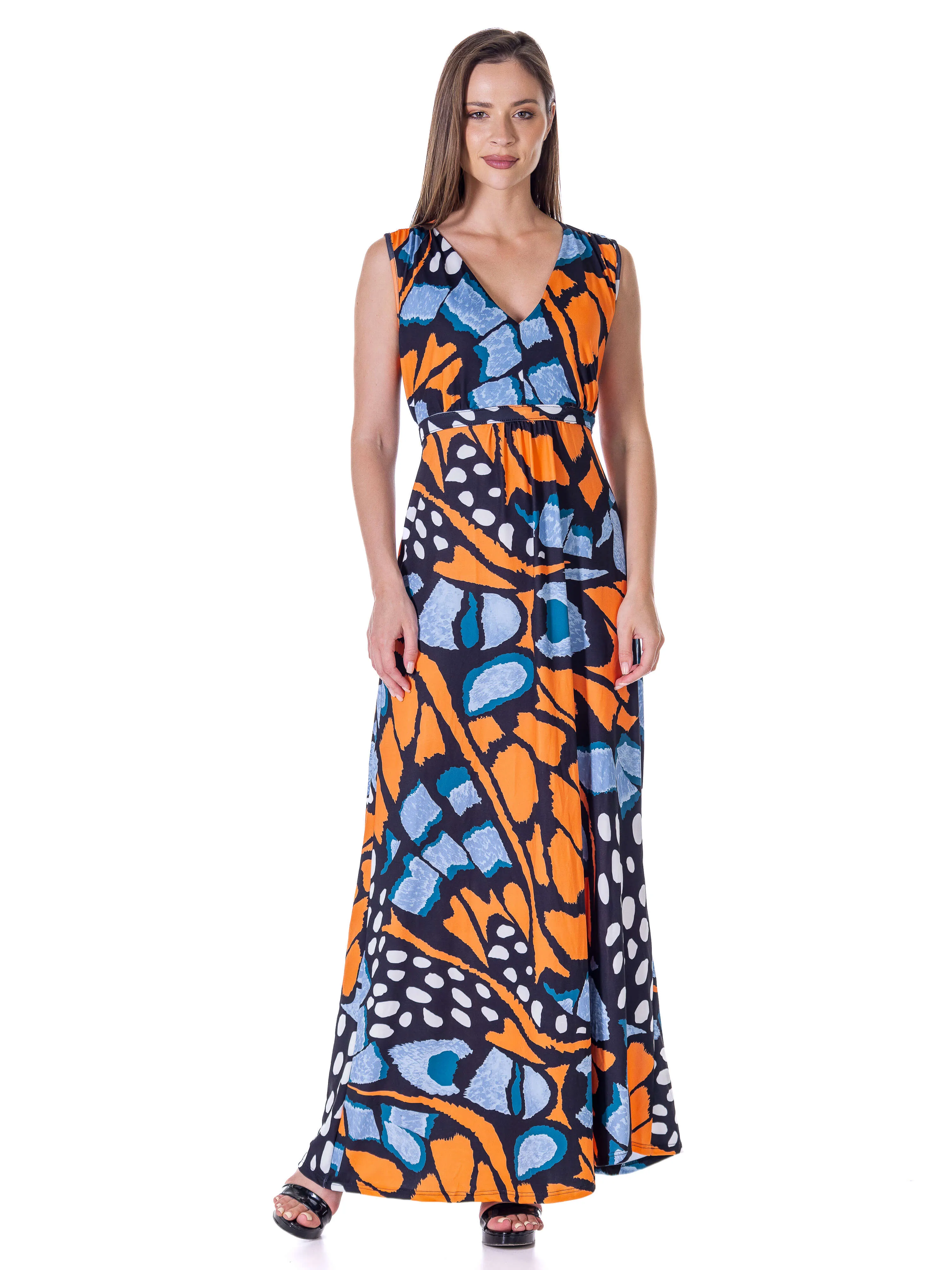 Womens Orange Butterfly Print V Neck Tie Back Empire Waist Sleeveless Maxi Dress