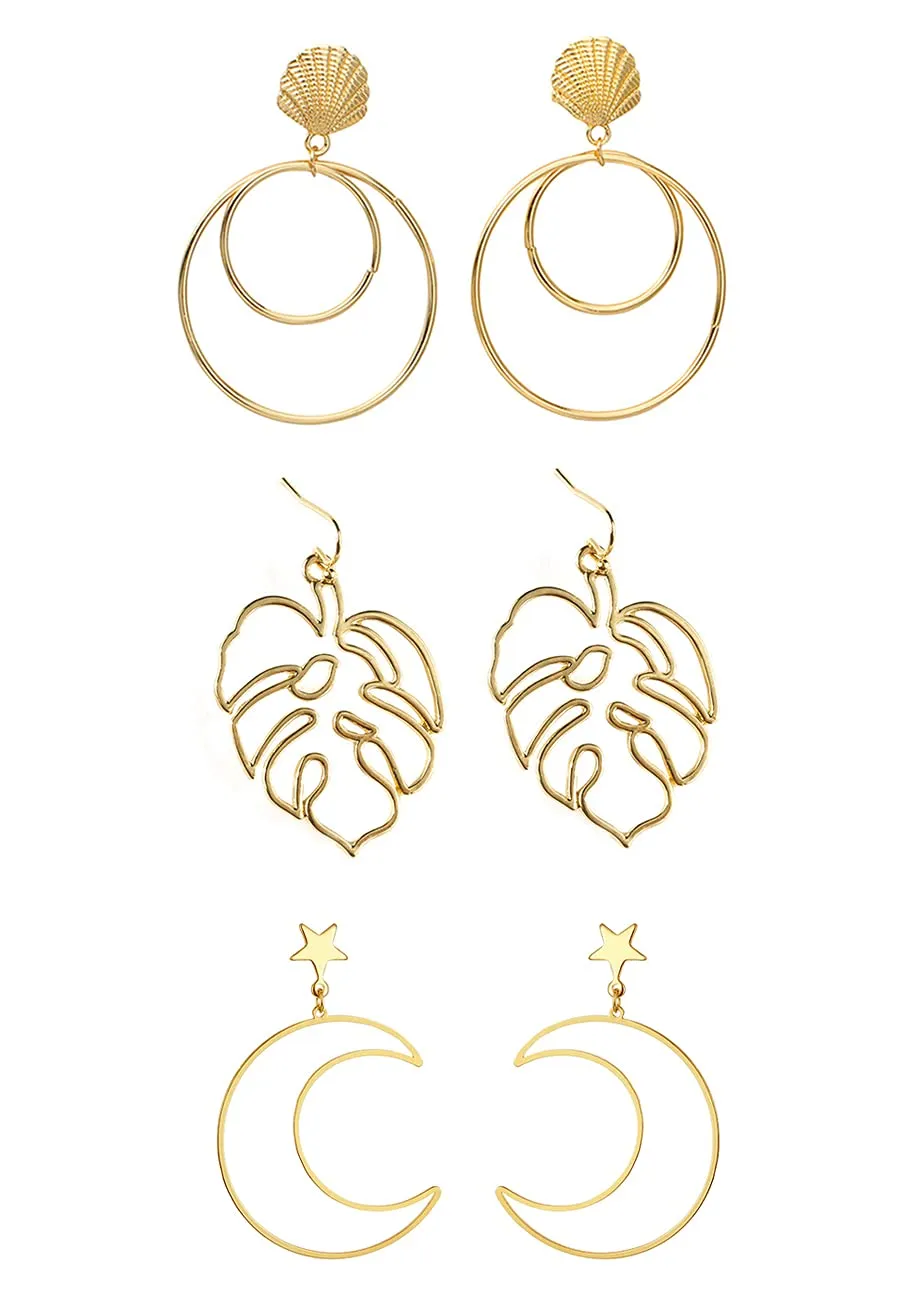 Yellow Chimes Combo of 3 Pairs Latest Fashion Gold Plated Geometric Design Round Leaf Shape Dangle Earrings for Women and Girls, Medium, YCFJER-15GEOMTRC-C-GL