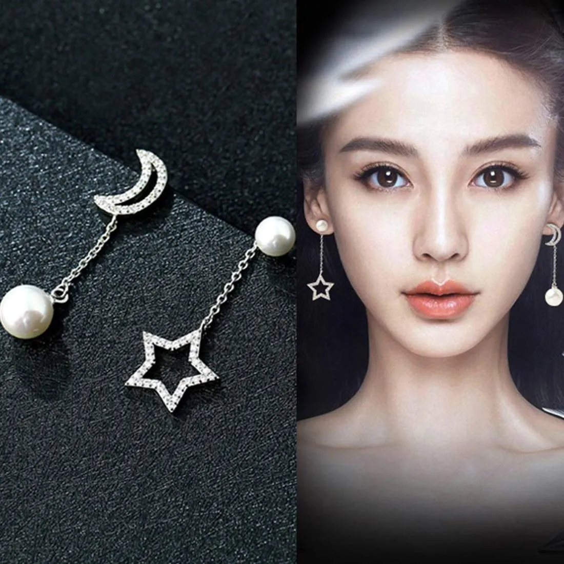 Yellow Chimes Moon and Star Silver Drop Earring for Women & Girls