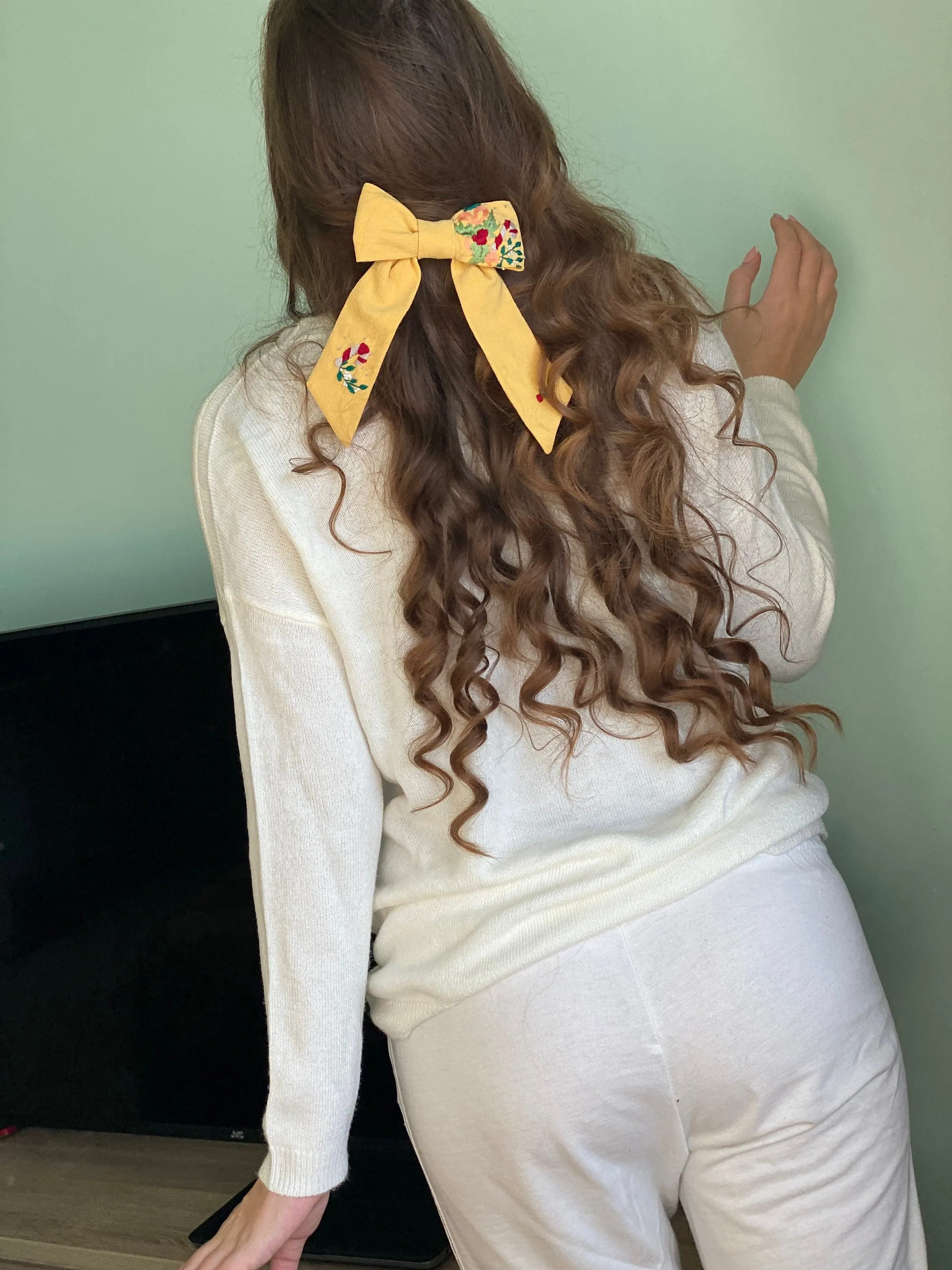 Yellow hair bow with Christmas embroidery