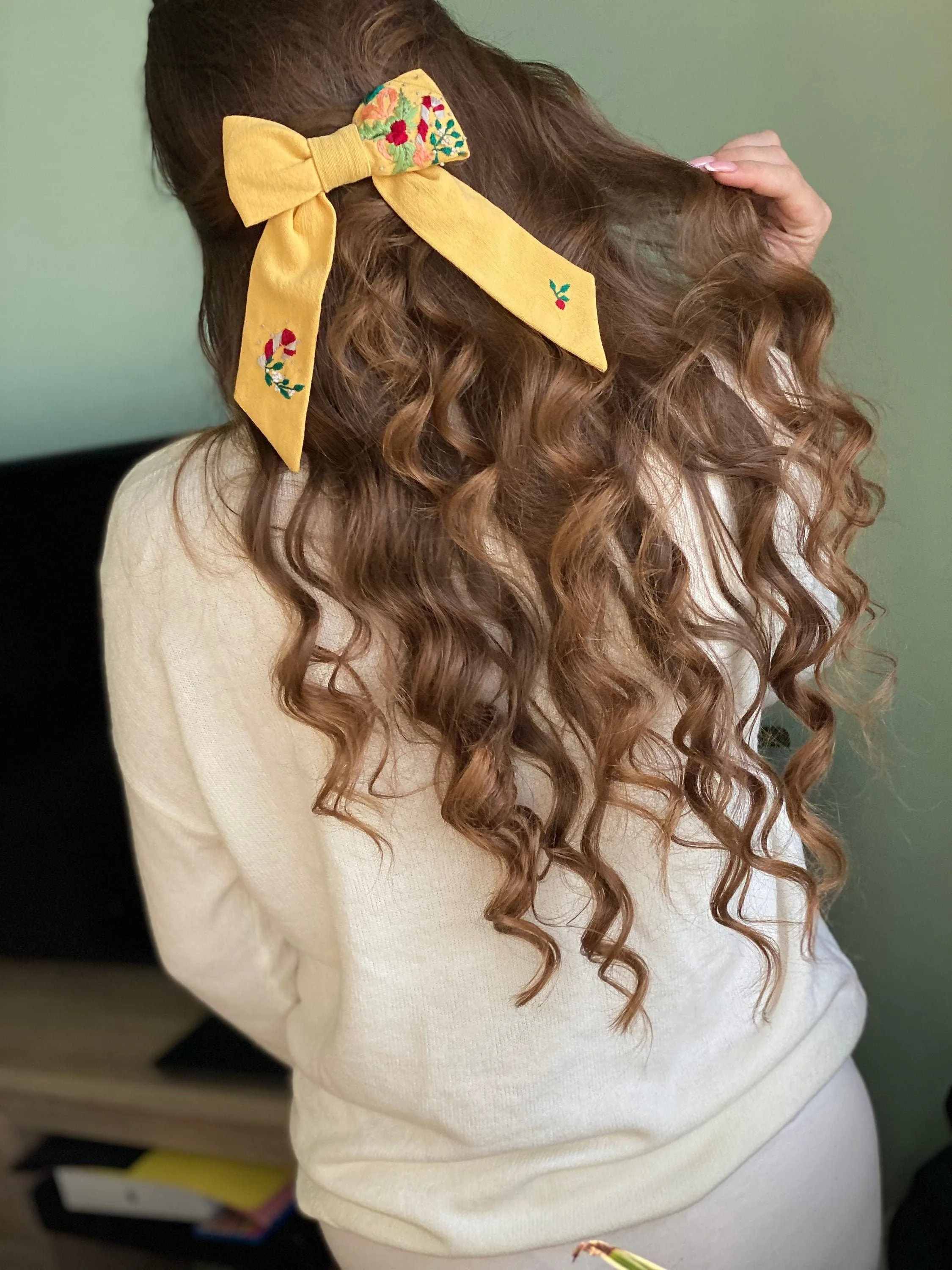 Yellow hair bow with Christmas embroidery