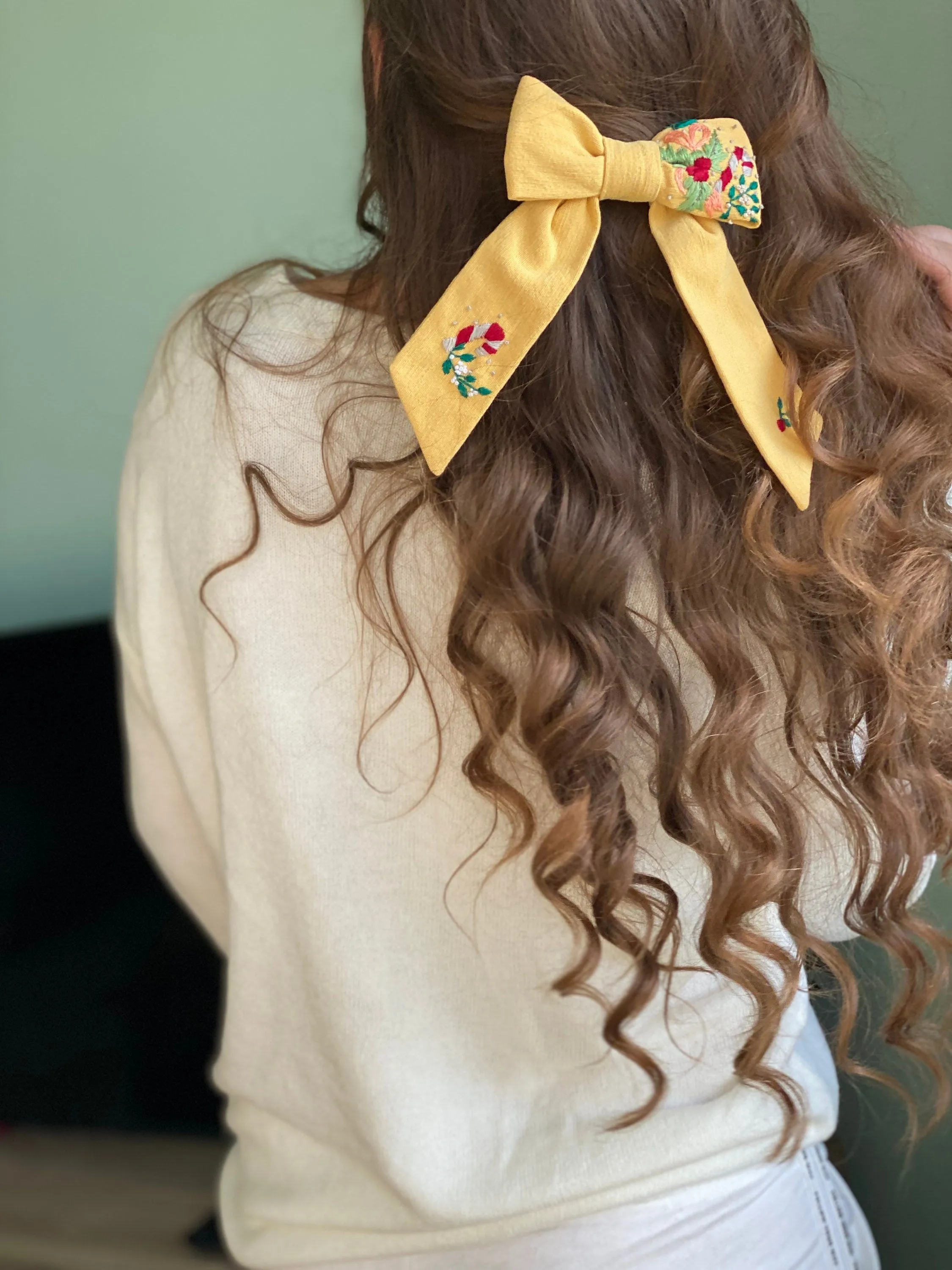 Yellow hair bow with Christmas embroidery