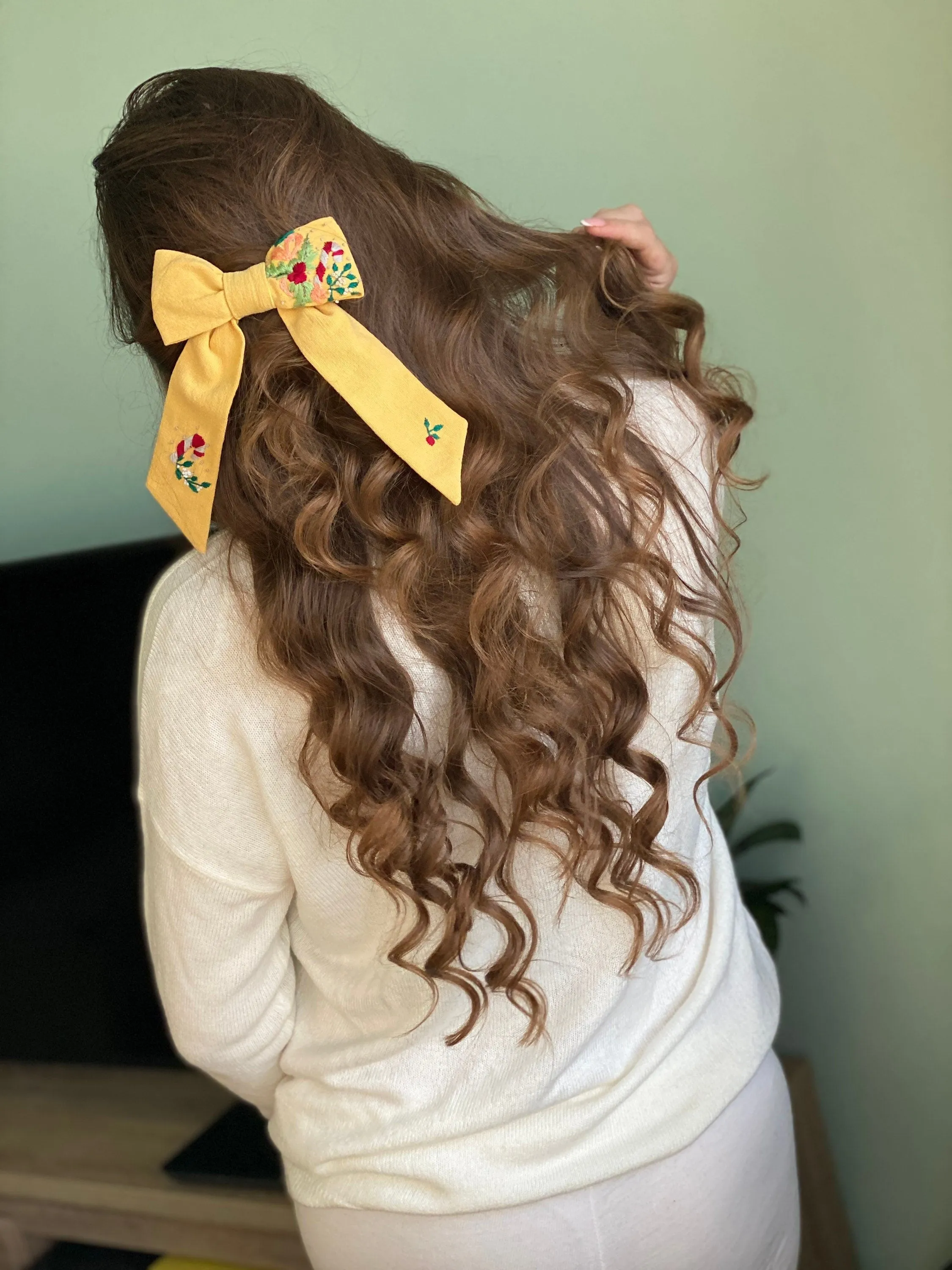 Yellow hair bow with Christmas embroidery