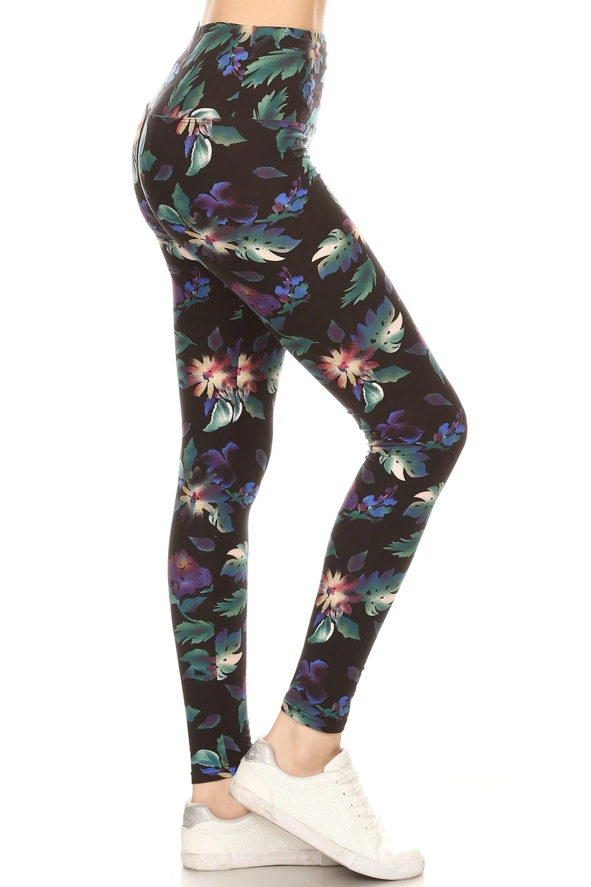 Yoga Style Banded Lined Floral Printed Knit High Waist Legging